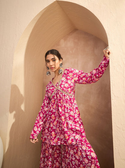 Red Floral Cambric Peplum Top With Sharara Pants-Shae by SASSAFRAS