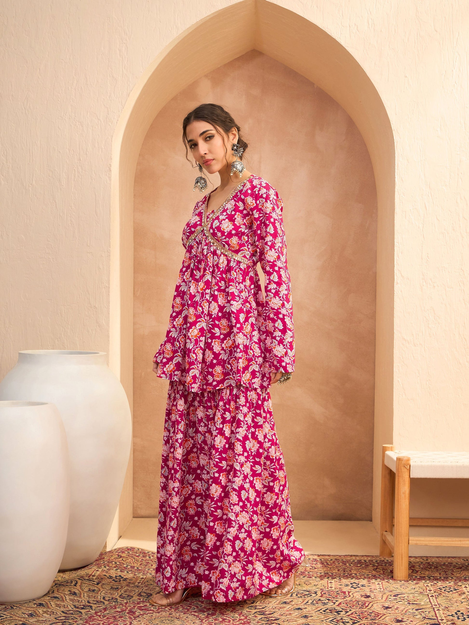 Red Floral Cambric Peplum Top With Sharara Pants-Shae by SASSAFRAS