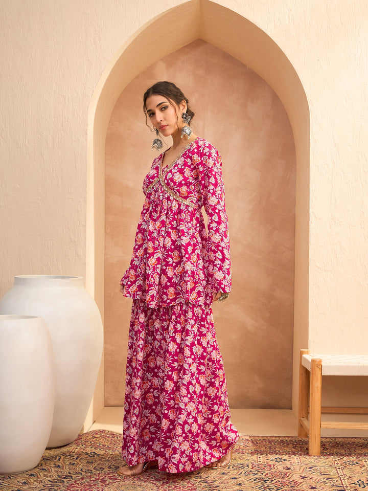 Red Floral Cambric Peplum Top With Sharara Pants-Shae by SASSAFRAS