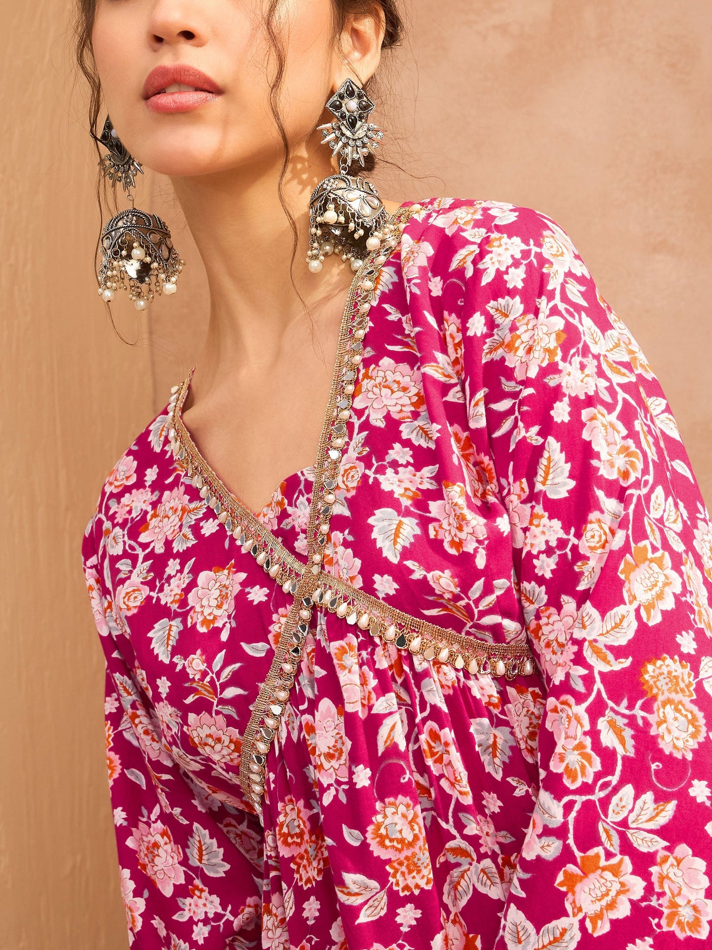 Red Floral Cambric Peplum Top With Sharara Pants-Shae by SASSAFRAS