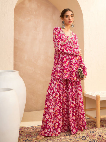 Red Floral Cambric Peplum Top With Sharara Pants-Shae by SASSAFRAS