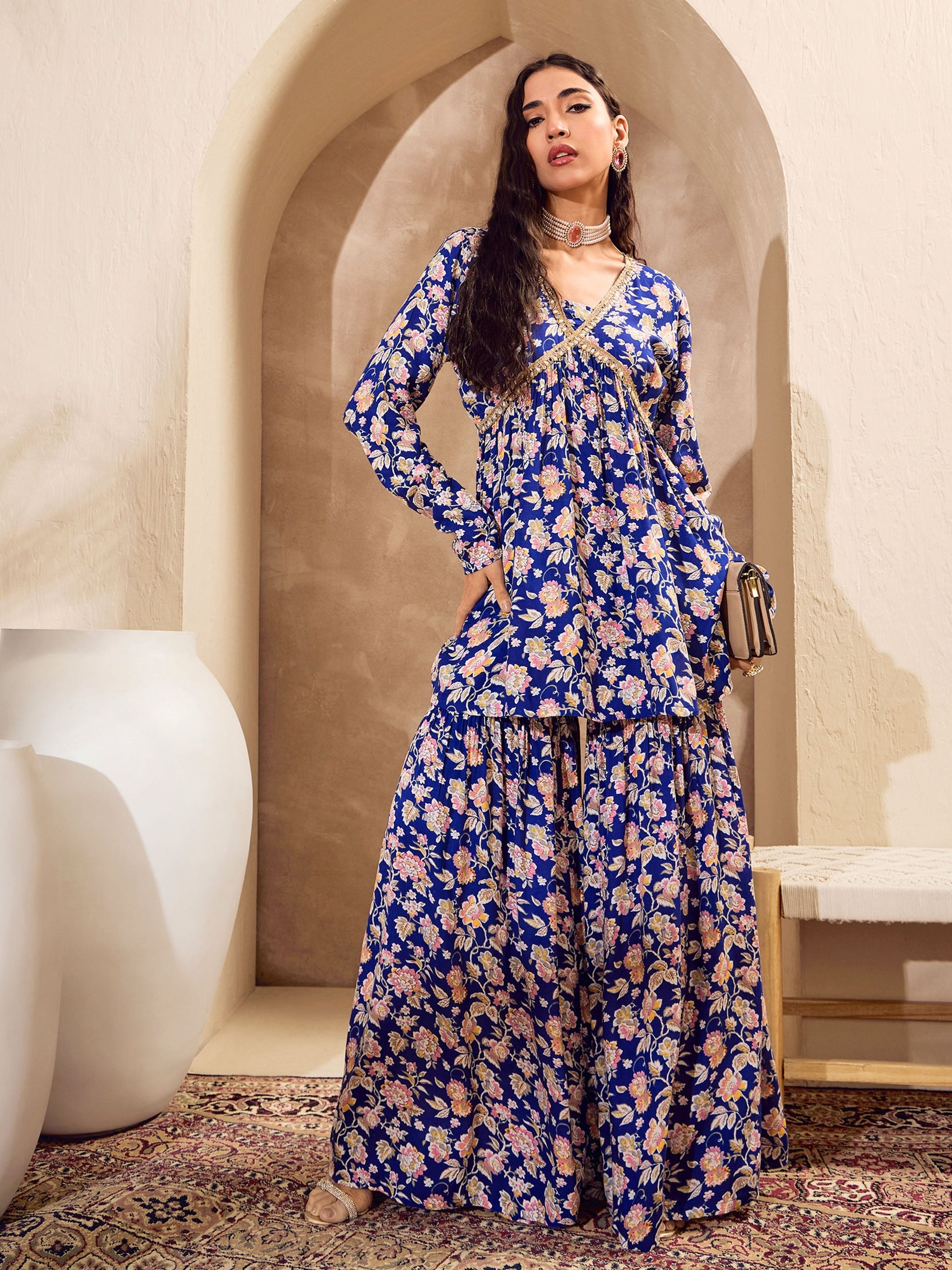 Blue Floral Cambric Peplum Top With Sharara Pants-Shae by SASSAFRAS