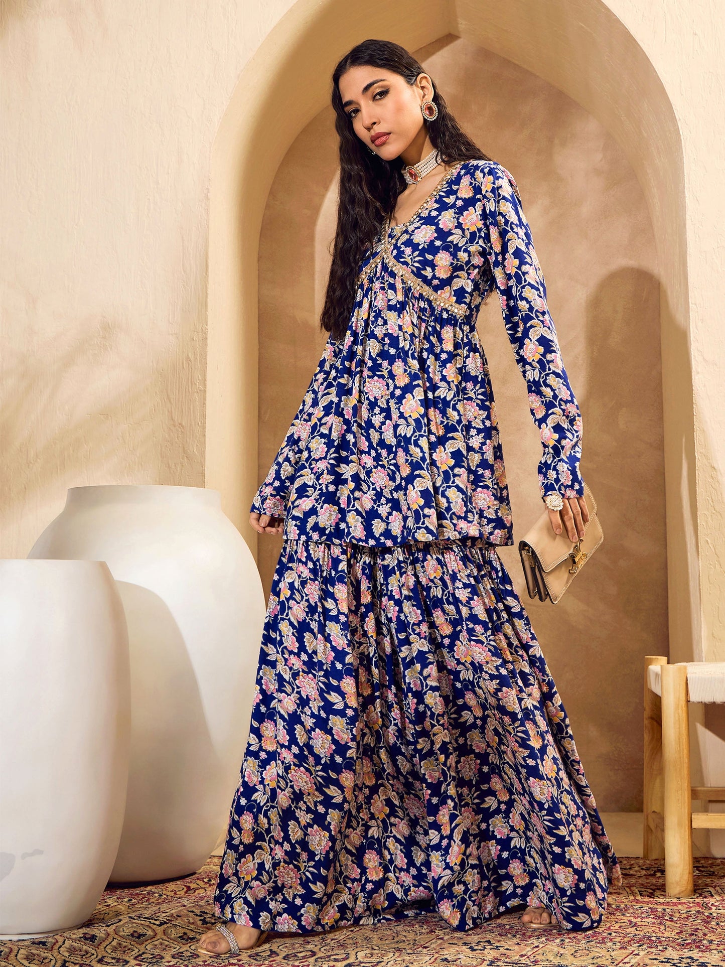 Blue Floral Cambric Peplum Top With Sharara Pants-Shae by SASSAFRAS