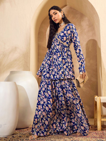 Blue Floral Cambric Peplum Top With Sharara Pants-Shae by SASSAFRAS