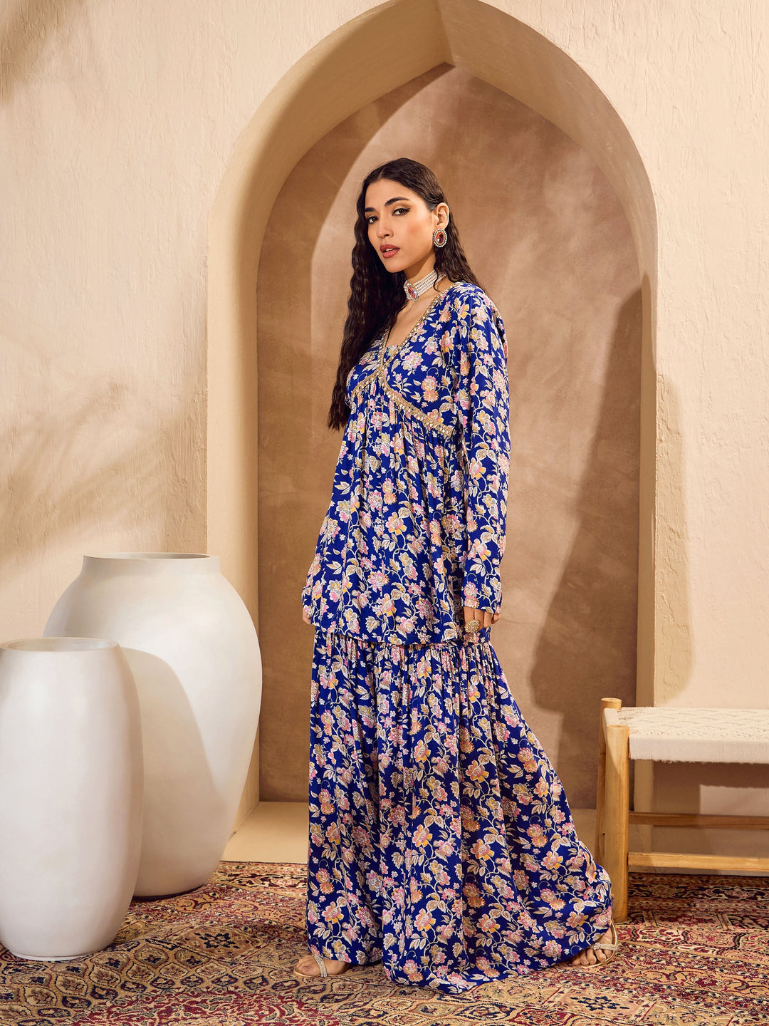 Blue Floral Cambric Peplum Top With Sharara Pants-Shae by SASSAFRAS