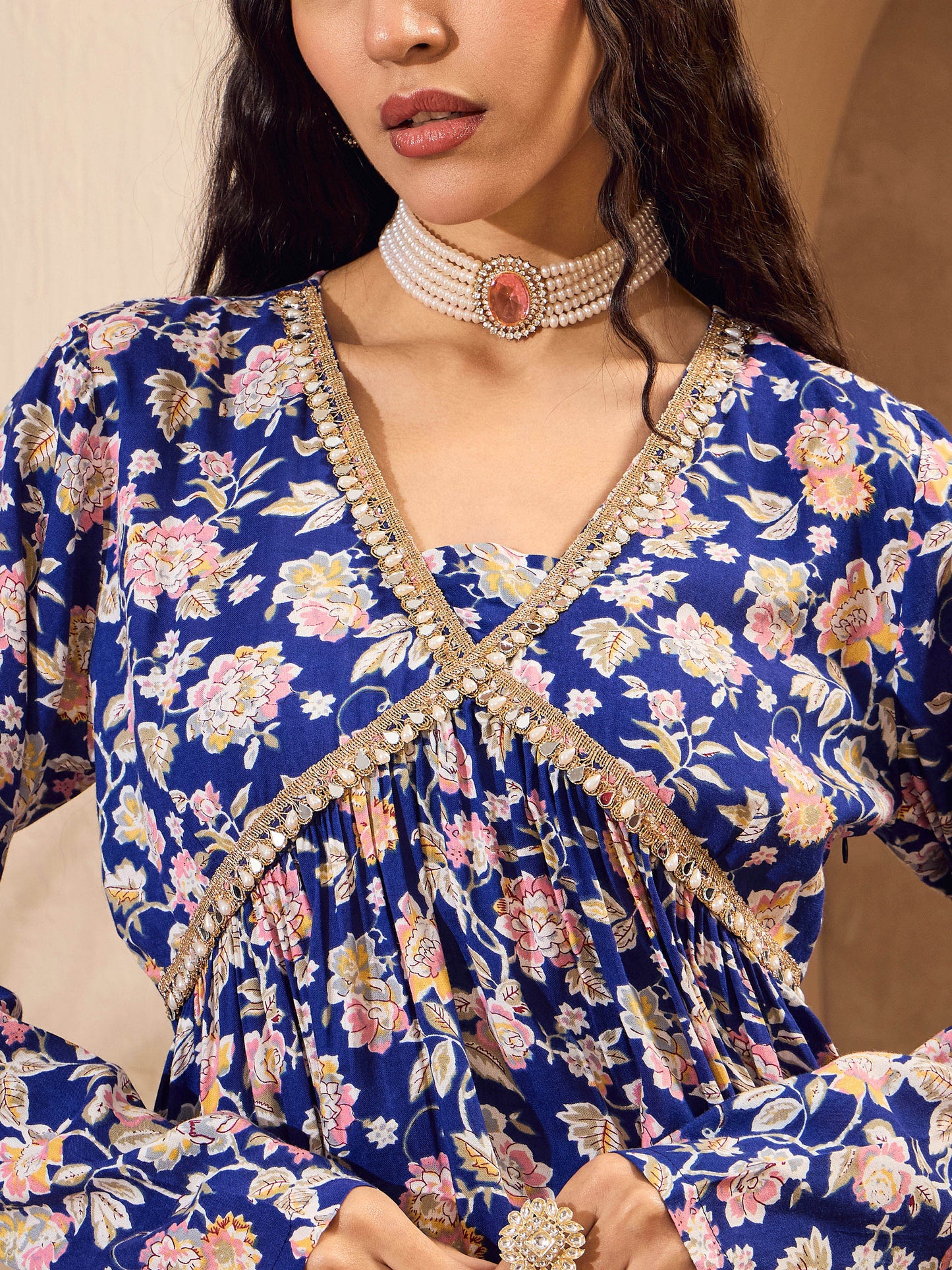 Blue Floral Cambric Peplum Top With Sharara Pants-Shae by SASSAFRAS