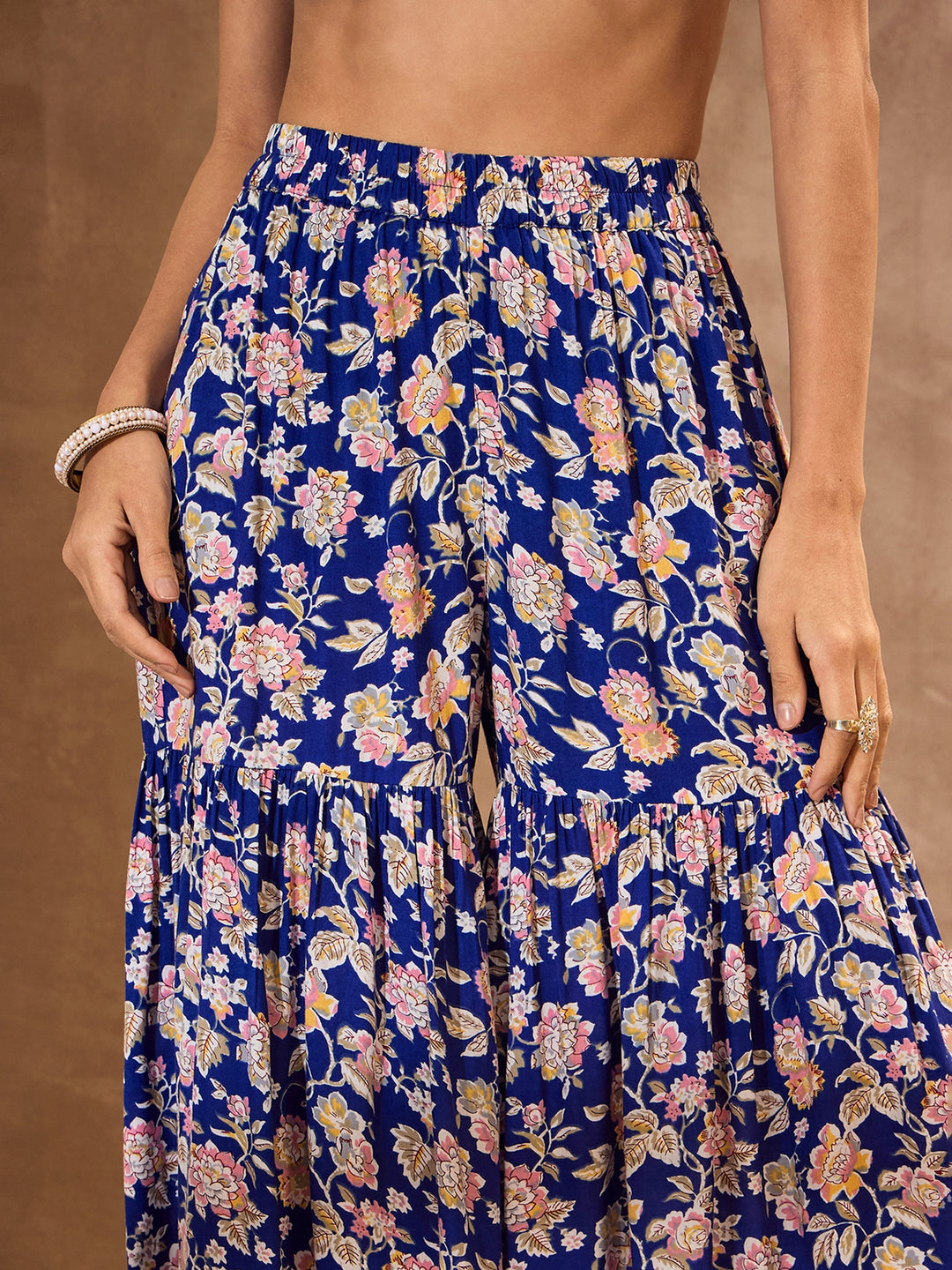 Blue Floral Cambric Peplum Top With Sharara Pants-Shae by SASSAFRAS