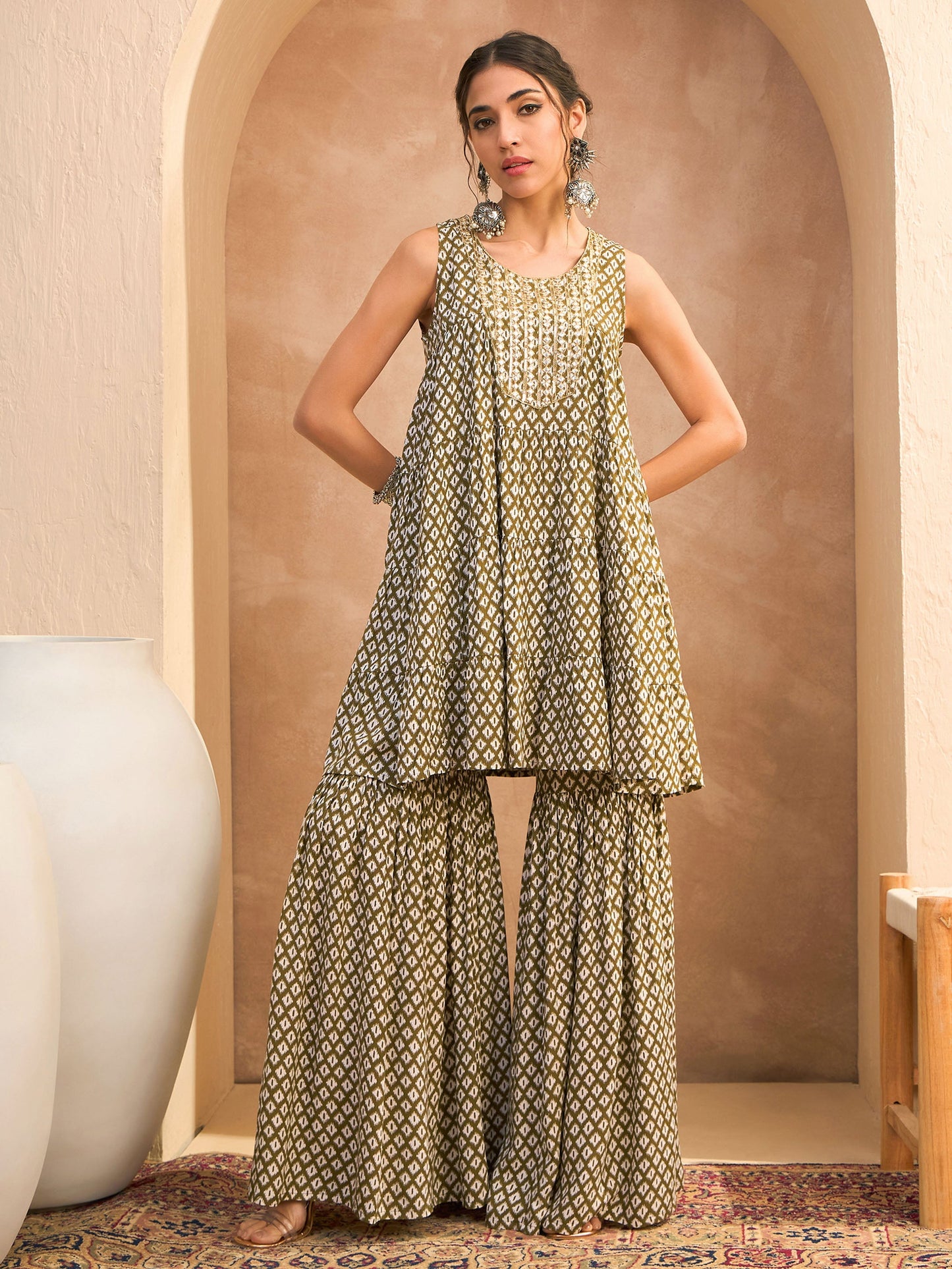 Women's Women Olive Printed Embroidered Kurta With Sharara in Cotton by Shae for wholesale, bulk, supplier, manufacturer and wholesaler buyers from Trendphoria
