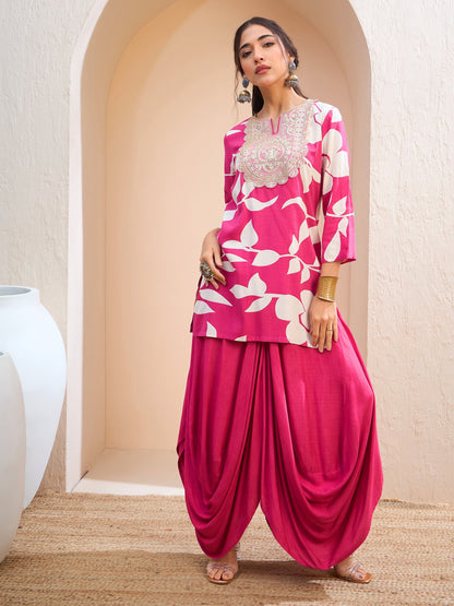 Pink Floral Embroidered Kurta With Dhoti Skirt