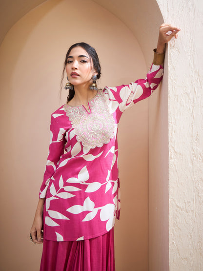 Pink Floral Embroidered Kurta With Dhoti Skirt