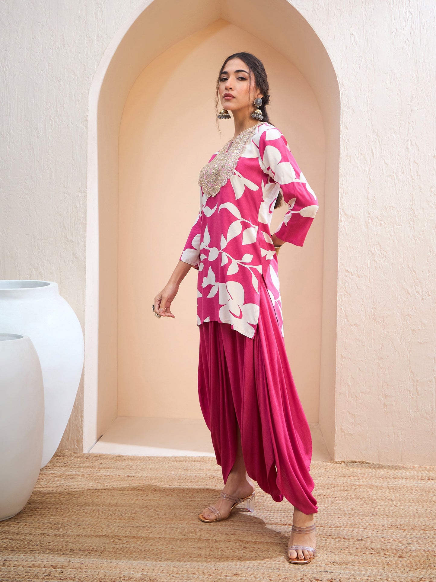 Pink Floral Embroidered Kurta With Dhoti Skirt