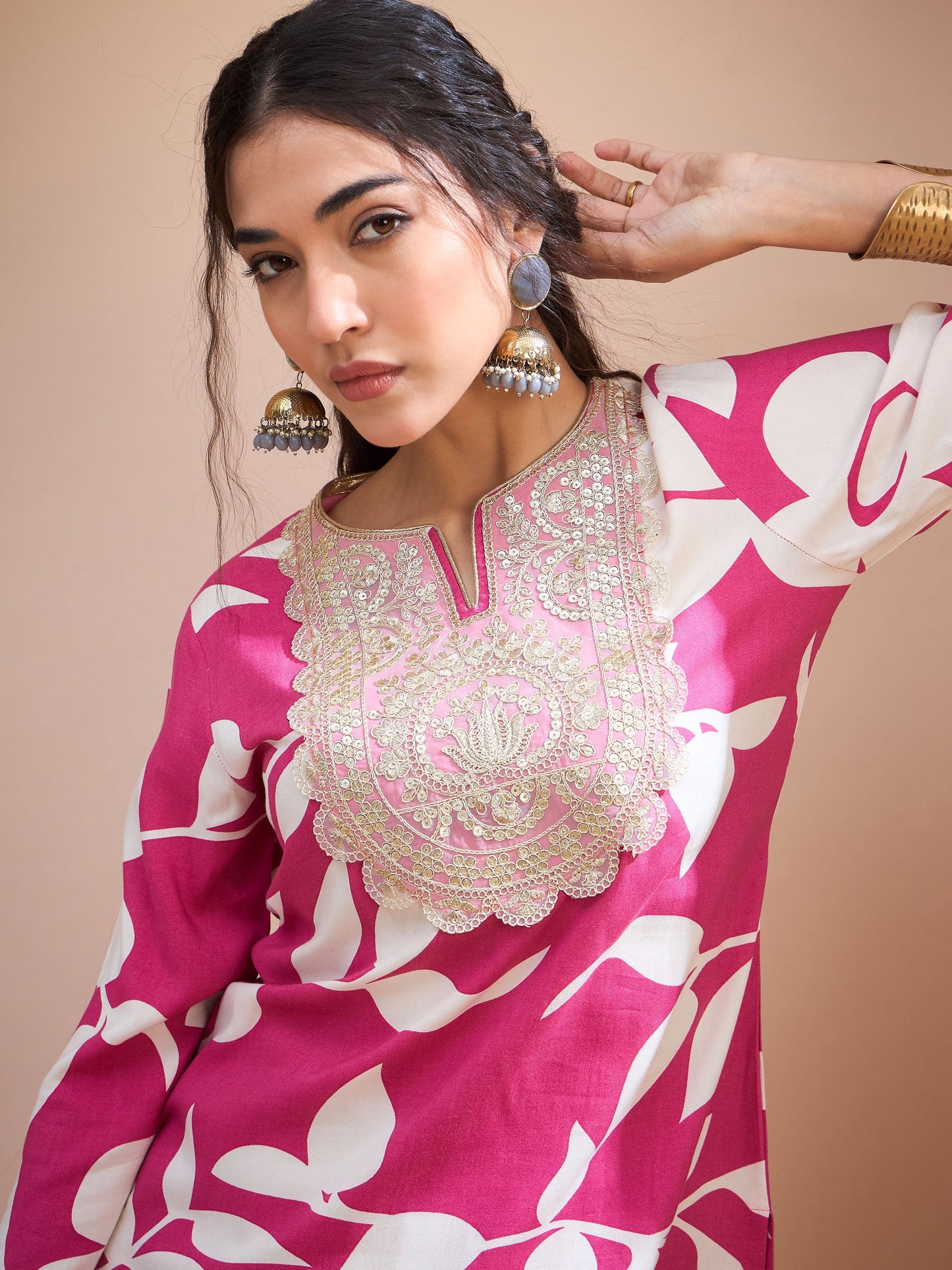 Pink Floral Embroidered Kurta With Dhoti Skirt