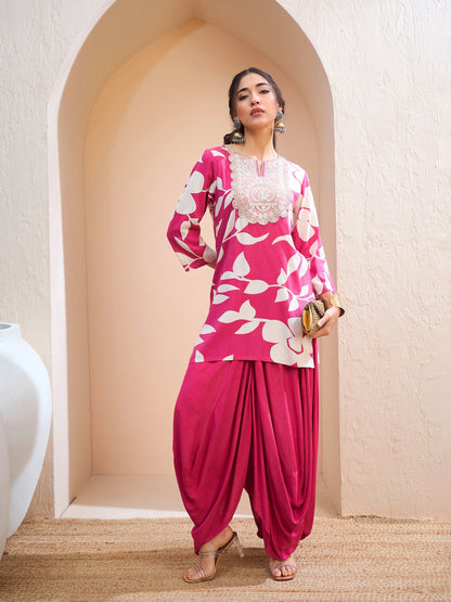 Pink Floral Embroidered Kurta With Dhoti Skirt