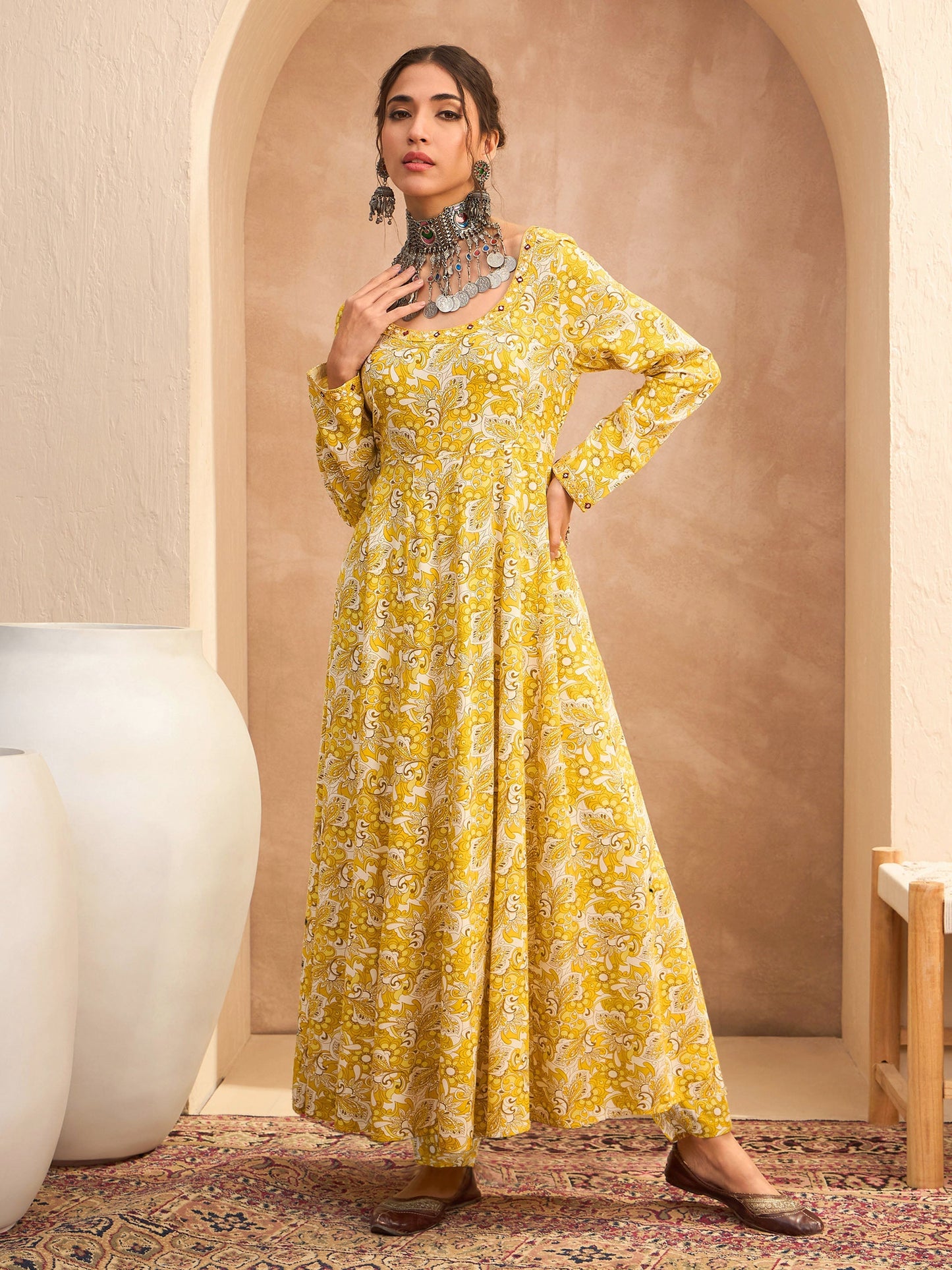 Women's Women Yellow Floral Anarkali Kurta With Pencil Pants in Rayon by Shae for wholesale, bulk, supplier, manufacturer and wholesaler buyers from Trendphoria