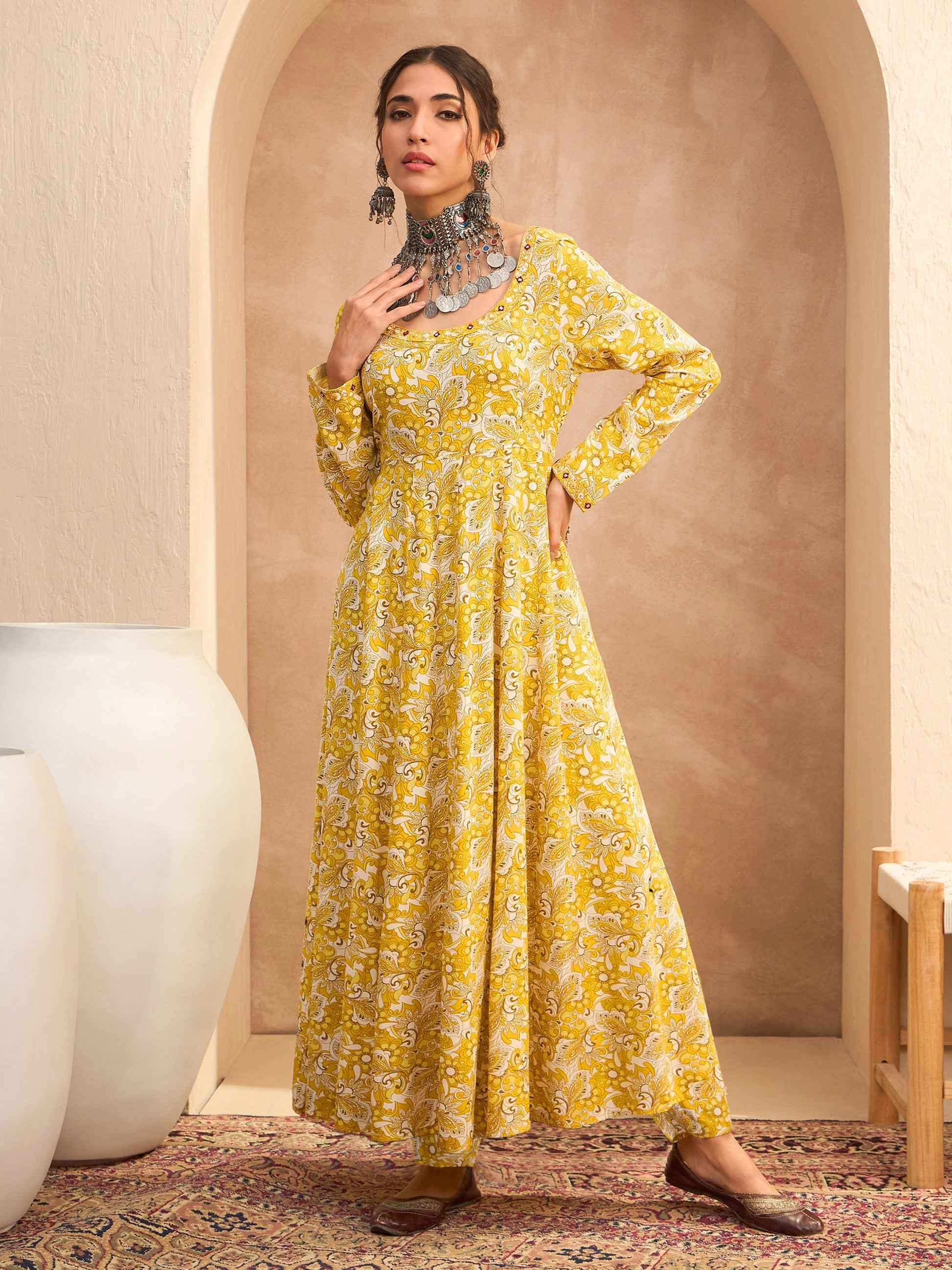 Women's Women Yellow Floral Anarkali Kurta With Pencil Pants in Rayon by Shae for wholesale, bulk, supplier, manufacturer and wholesaler buyers from Trendphoria