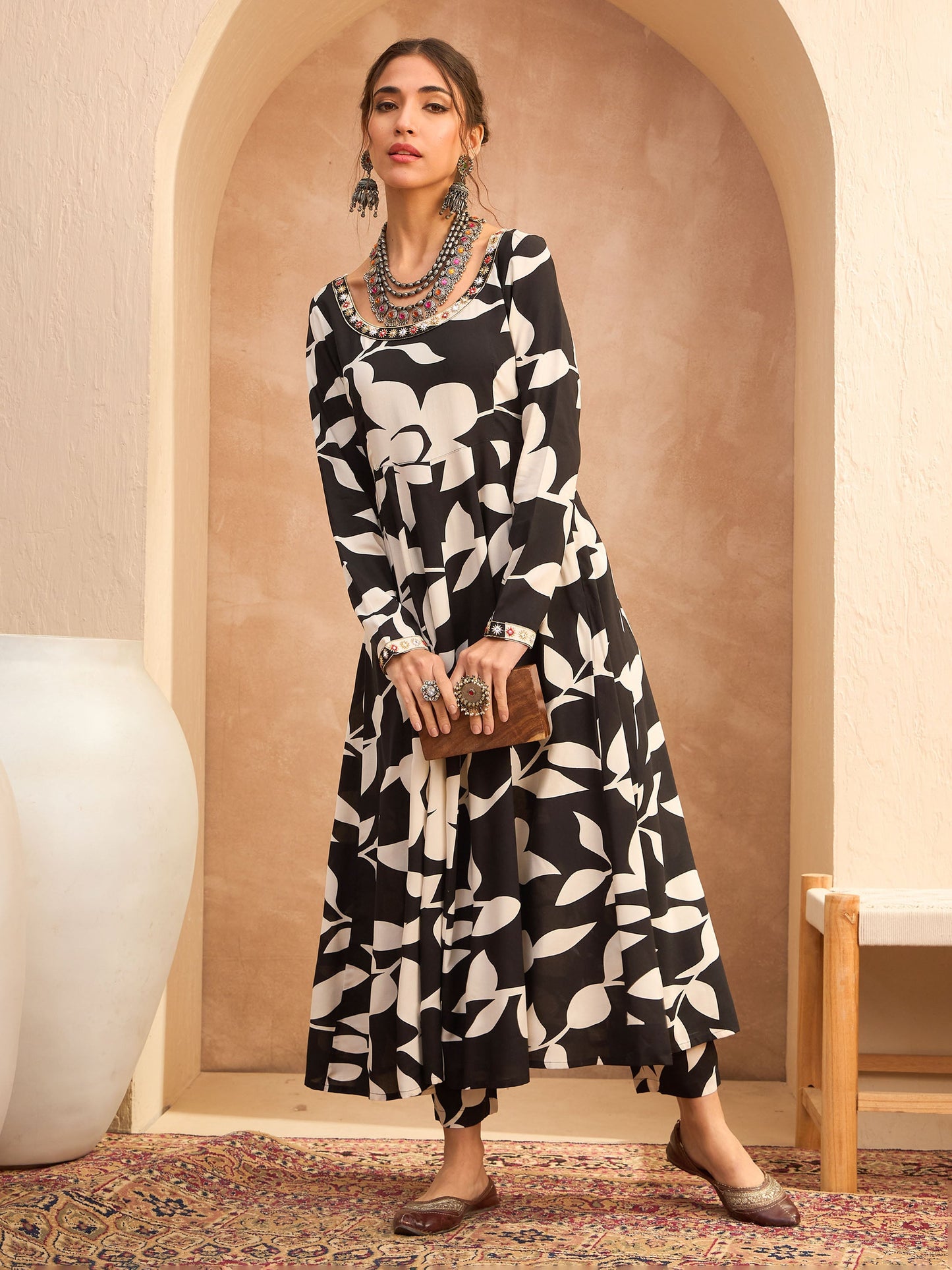 Women's Women Black Floral Anarkali Kurta With Pencil Pants in Rayon by Shae for wholesale, bulk, supplier, manufacturer and wholesaler buyers from Trendphoria