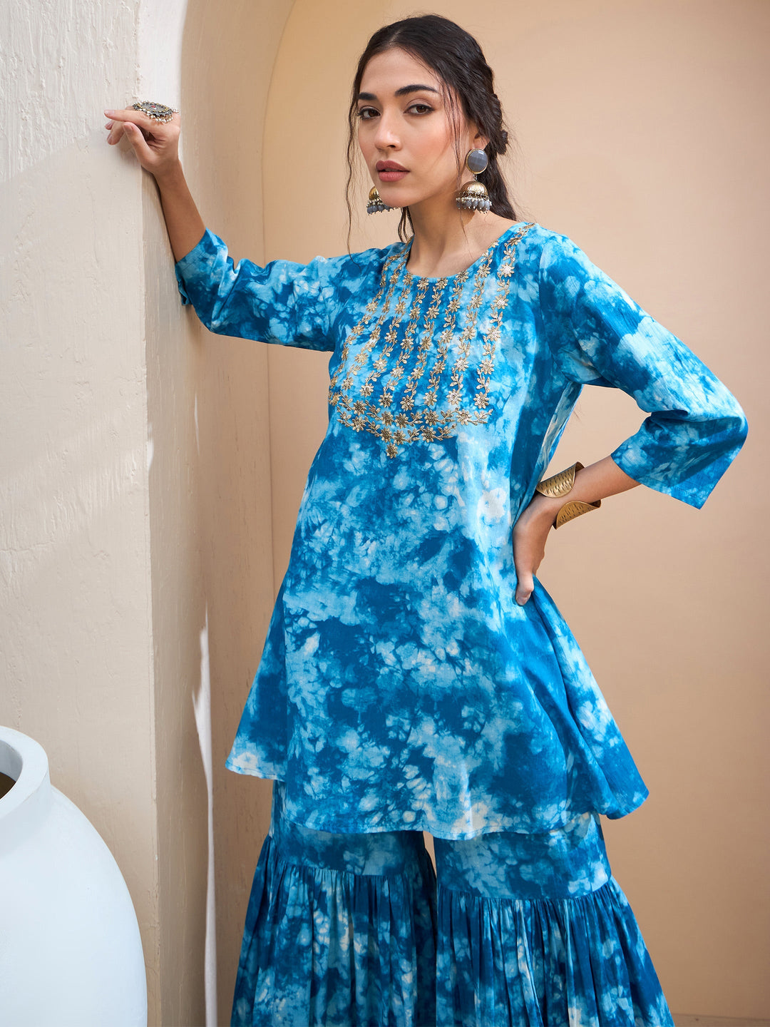 Blue Tie &amp; Dye Short Kurta With Sharara Pants-Shae by SASSAFRAS