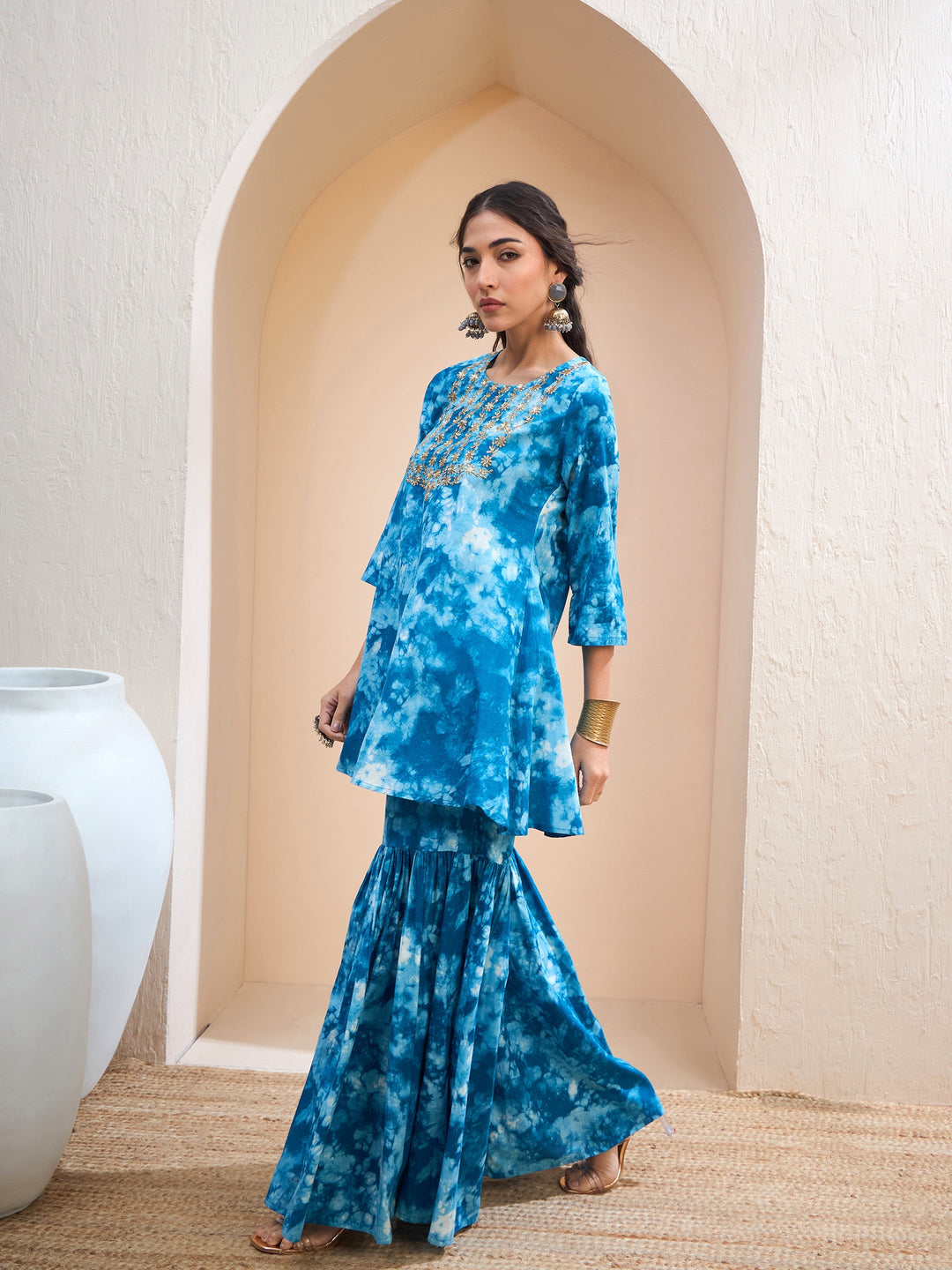 Blue Tie &amp; Dye Short Kurta With Sharara Pants-Shae by SASSAFRAS