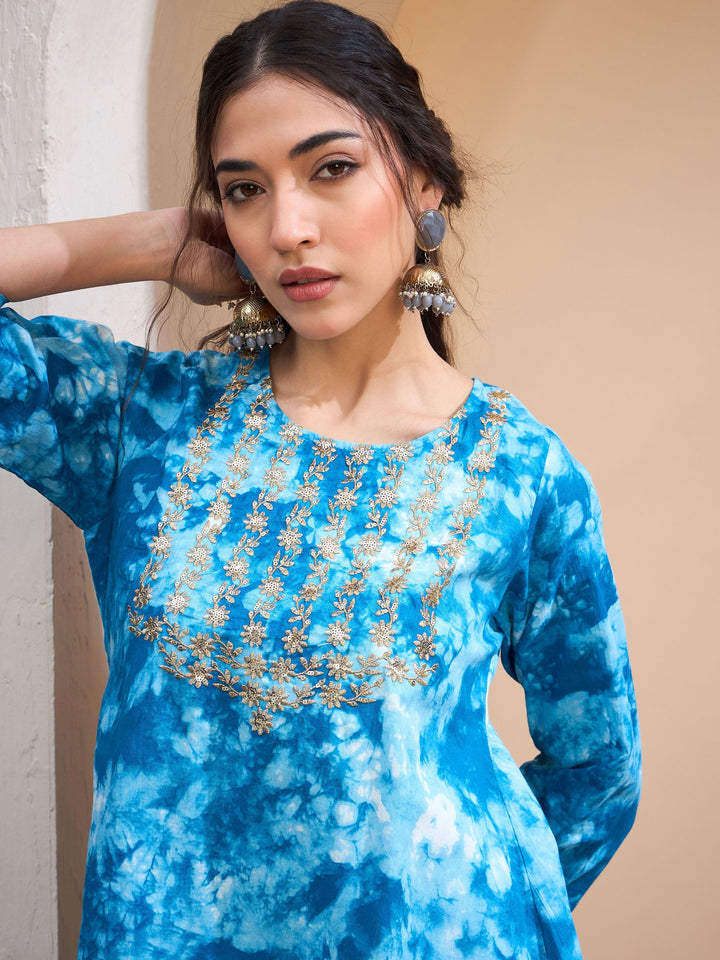 Blue Tie &amp; Dye Short Kurta With Sharara Pants-Shae by SASSAFRAS