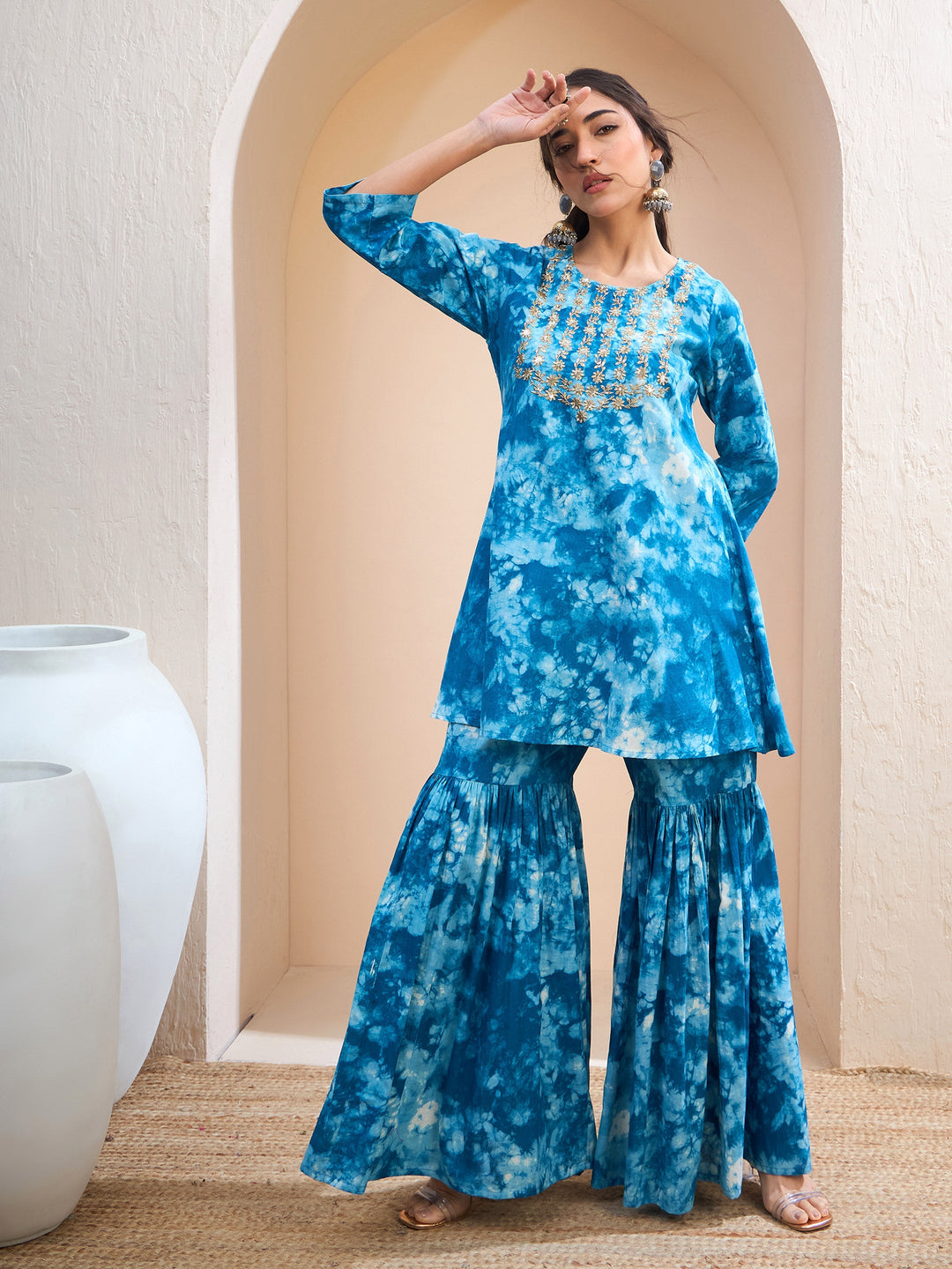 Blue Tie &amp; Dye Short Kurta With Sharara Pants-Shae by SASSAFRAS