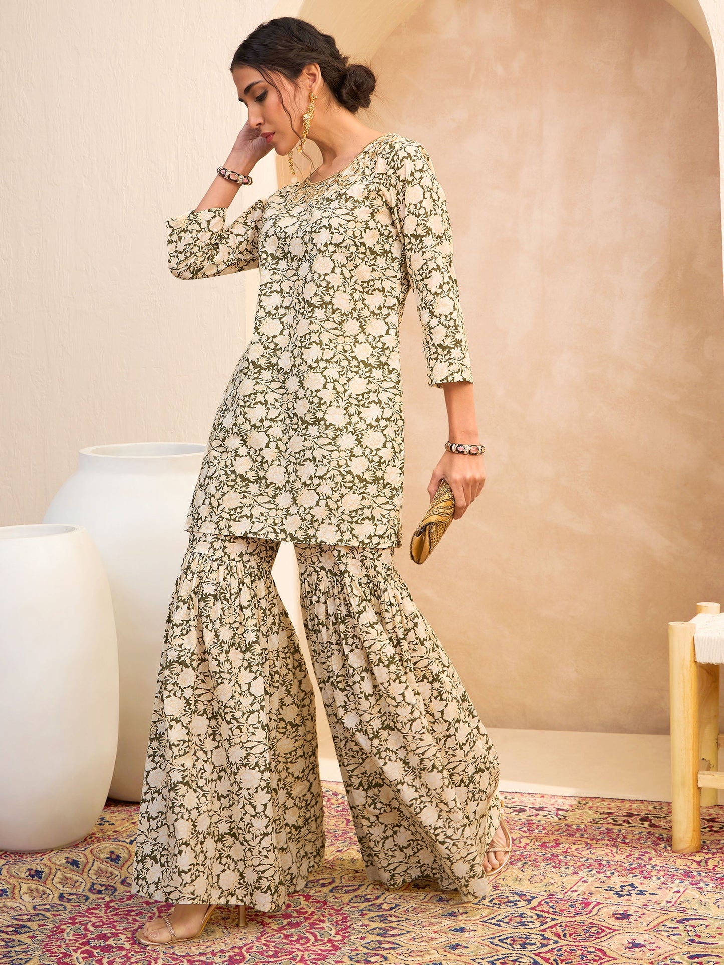 Women's Women Olive Floral Embroidered Kurta With Sharara Pants in Cotton by Shae for wholesale, bulk, supplier, manufacturer and wholesaler buyers from Trendphoria