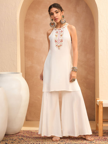 White Embroidered Halter Kurta With Palazzo Pants-Shae by SASSAFRAS