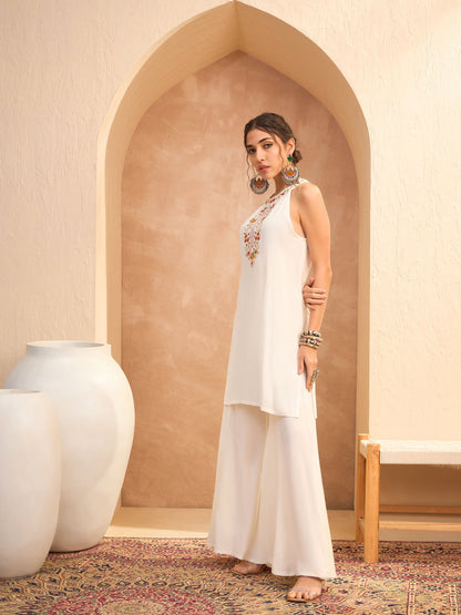 White Embroidered Halter Kurta With Palazzo Pants-Shae by SASSAFRAS