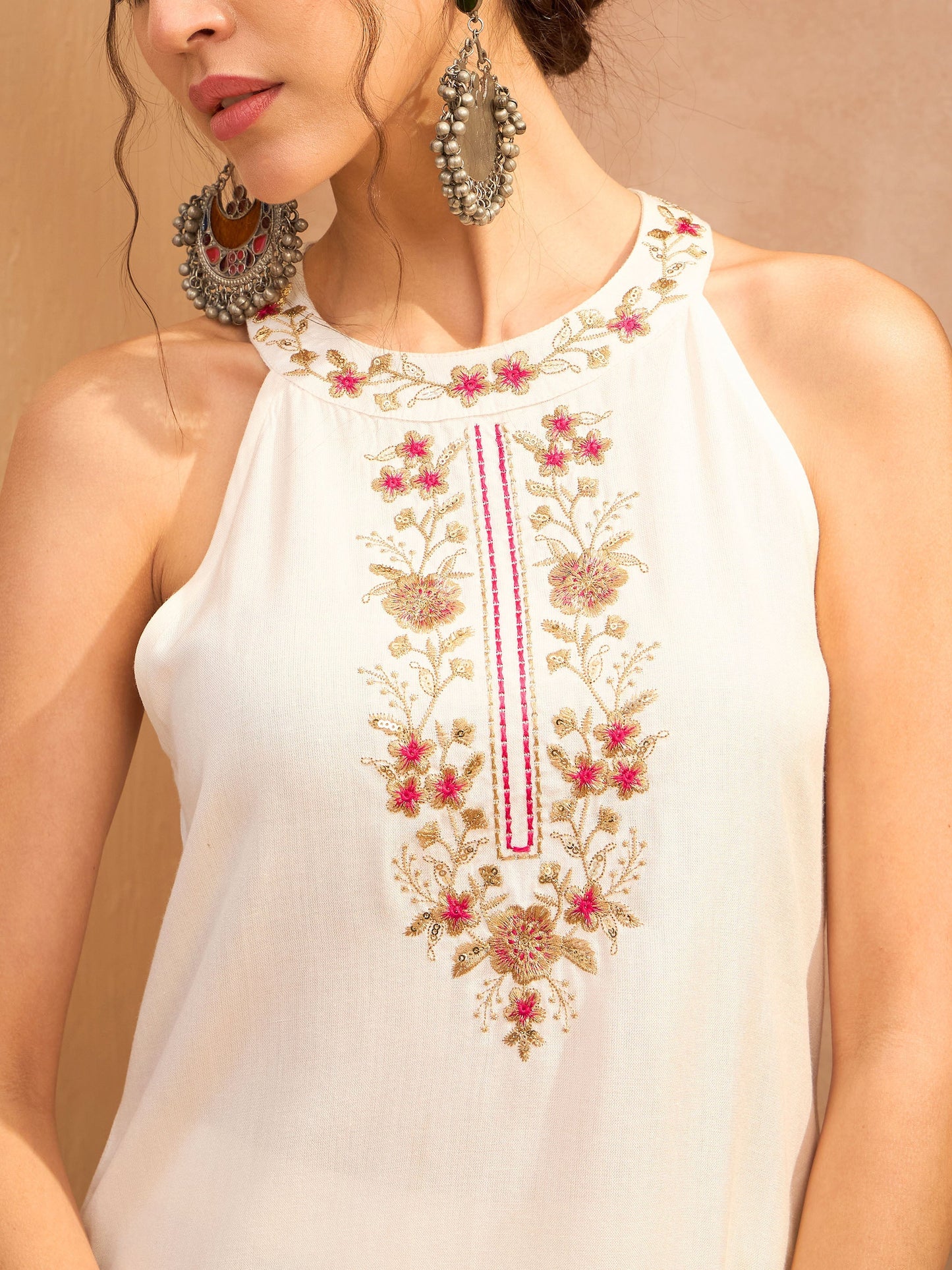 White Embroidered Halter Kurta With Palazzo Pants-Shae by SASSAFRAS