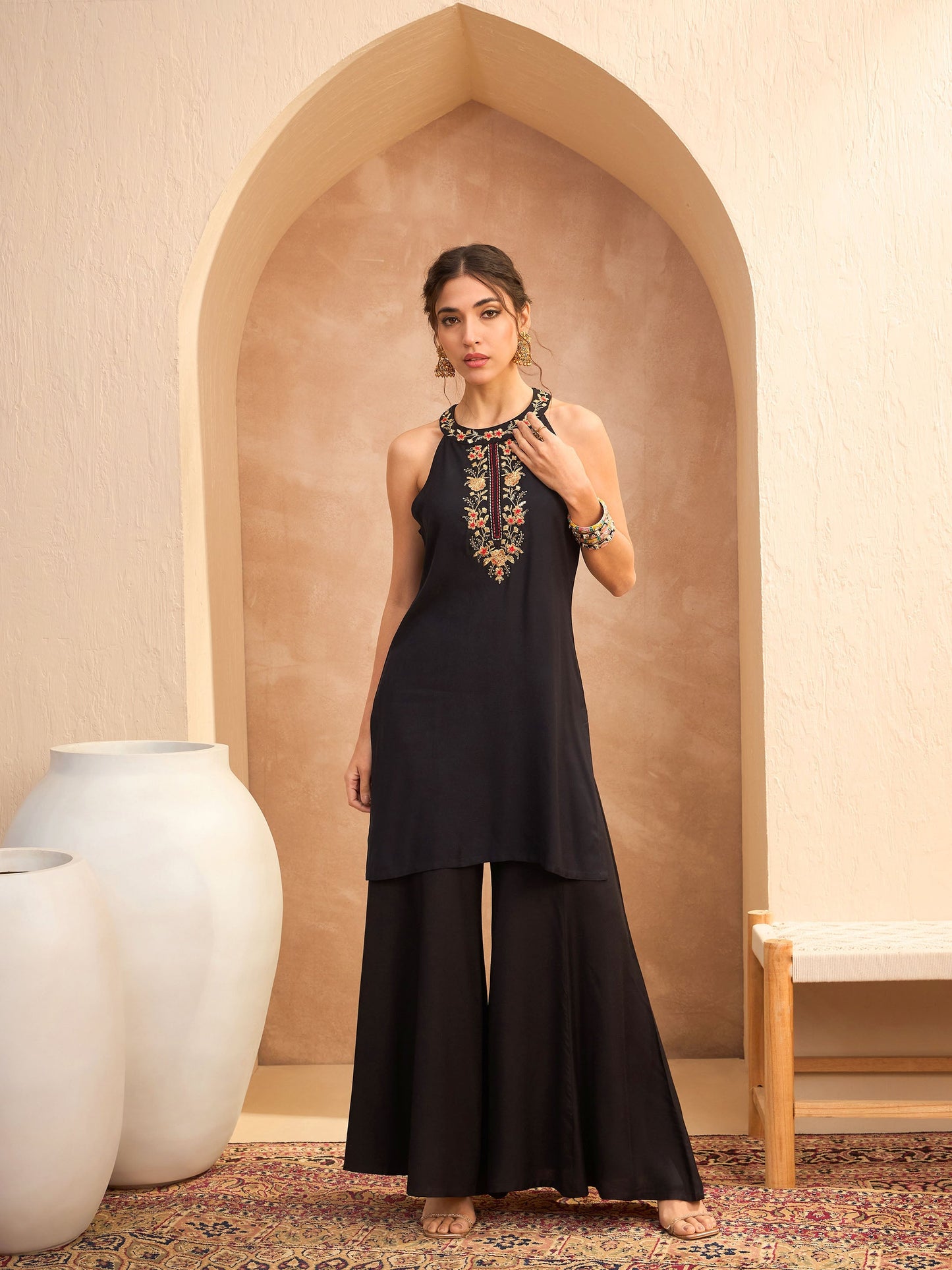 Black Embroidered Halter Kurta With Palazzo Pants-Shae by SASSAFRAS