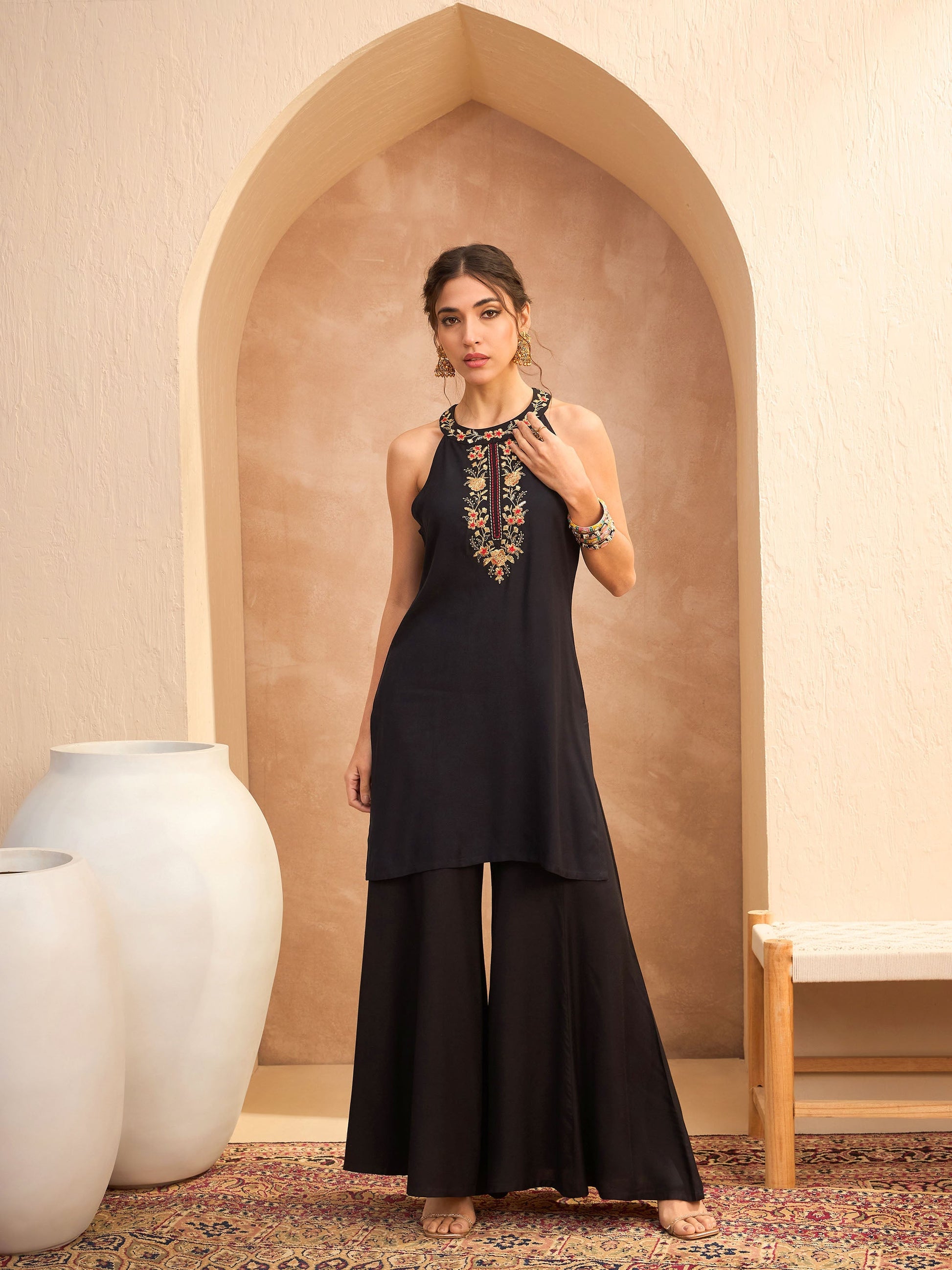 Black Embroidered Halter Kurta With Palazzo Pants-Shae by SASSAFRAS