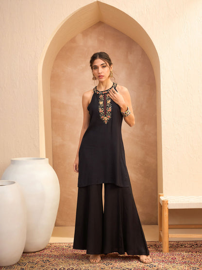 Black Embroidered Halter Kurta With Palazzo Pants-Shae by SASSAFRAS