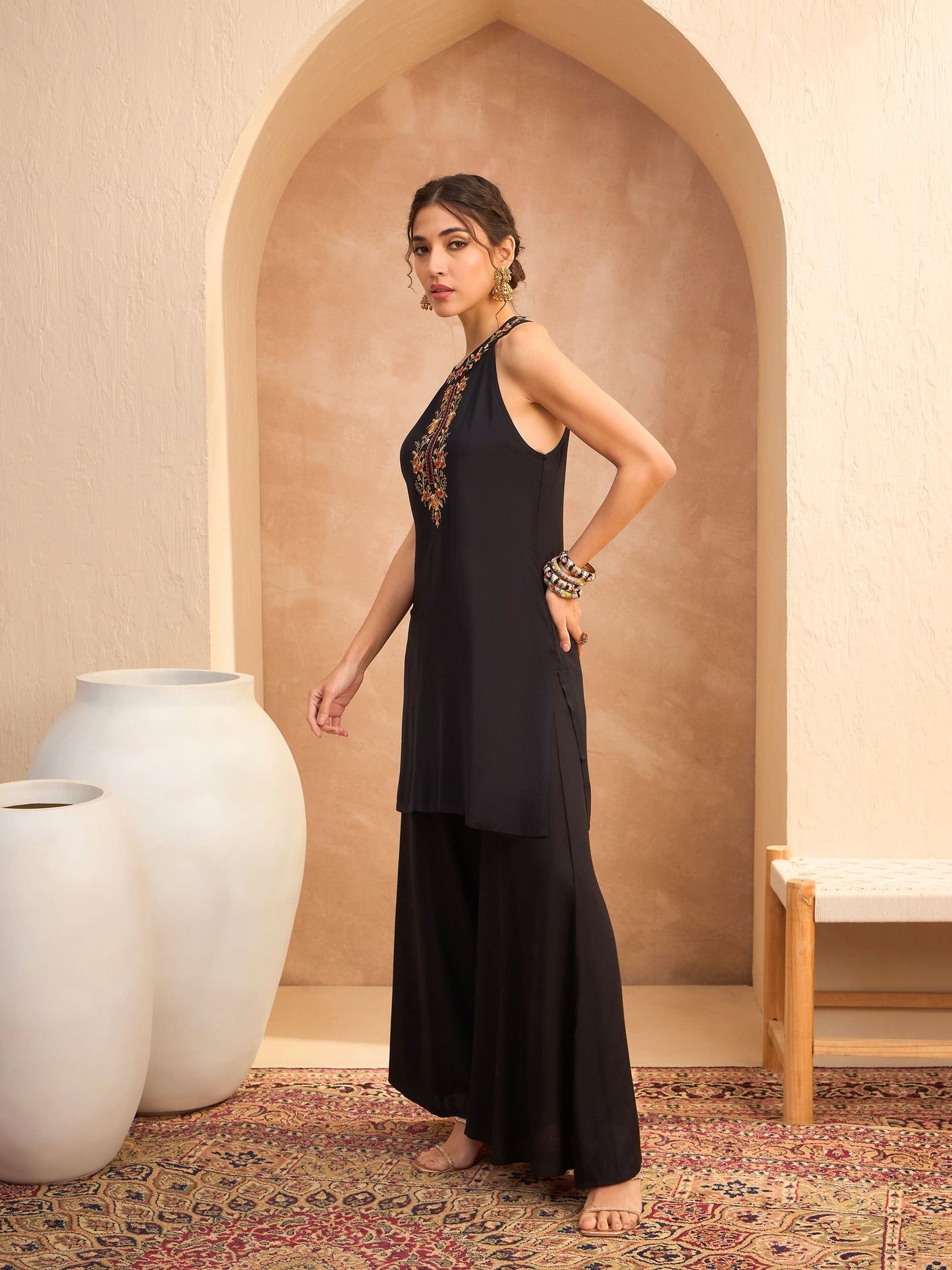 Black Embroidered Halter Kurta With Palazzo Pants-Shae by SASSAFRAS