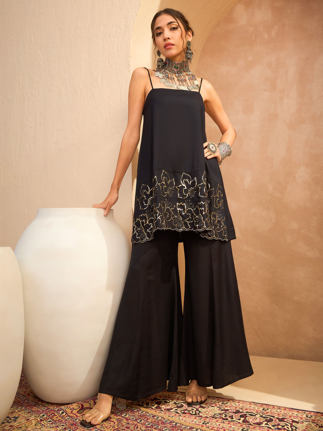Women's Women Black Embroidered Strappy Kurta With Palazzos in Rayon by Shae for wholesale, bulk, supplier, manufacturer and wholesaler buyers from Trendphoria