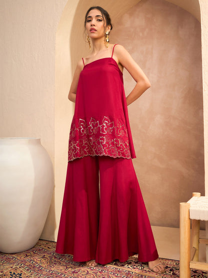 Maroon Embroidered Strappy Kurta With Palazzos-Shae by SASSAFRAS