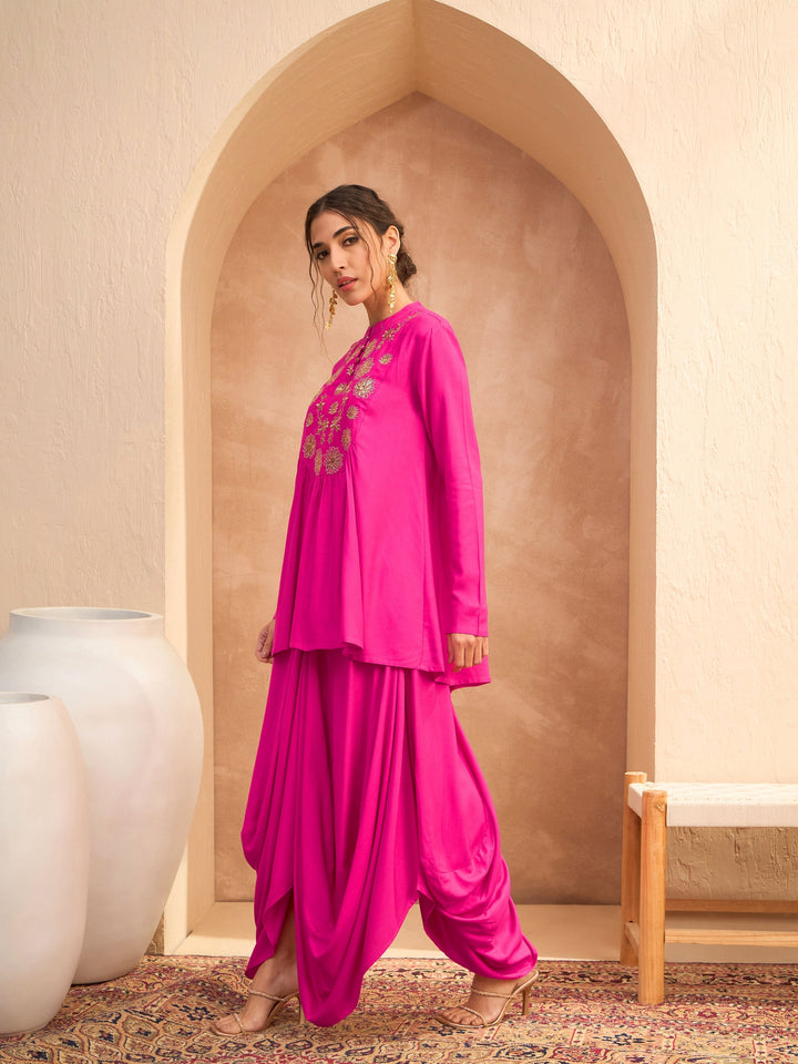 Fuchsia Embroidered Peplum Top With Dhoti Skirt-Shae by SASSAFRAS