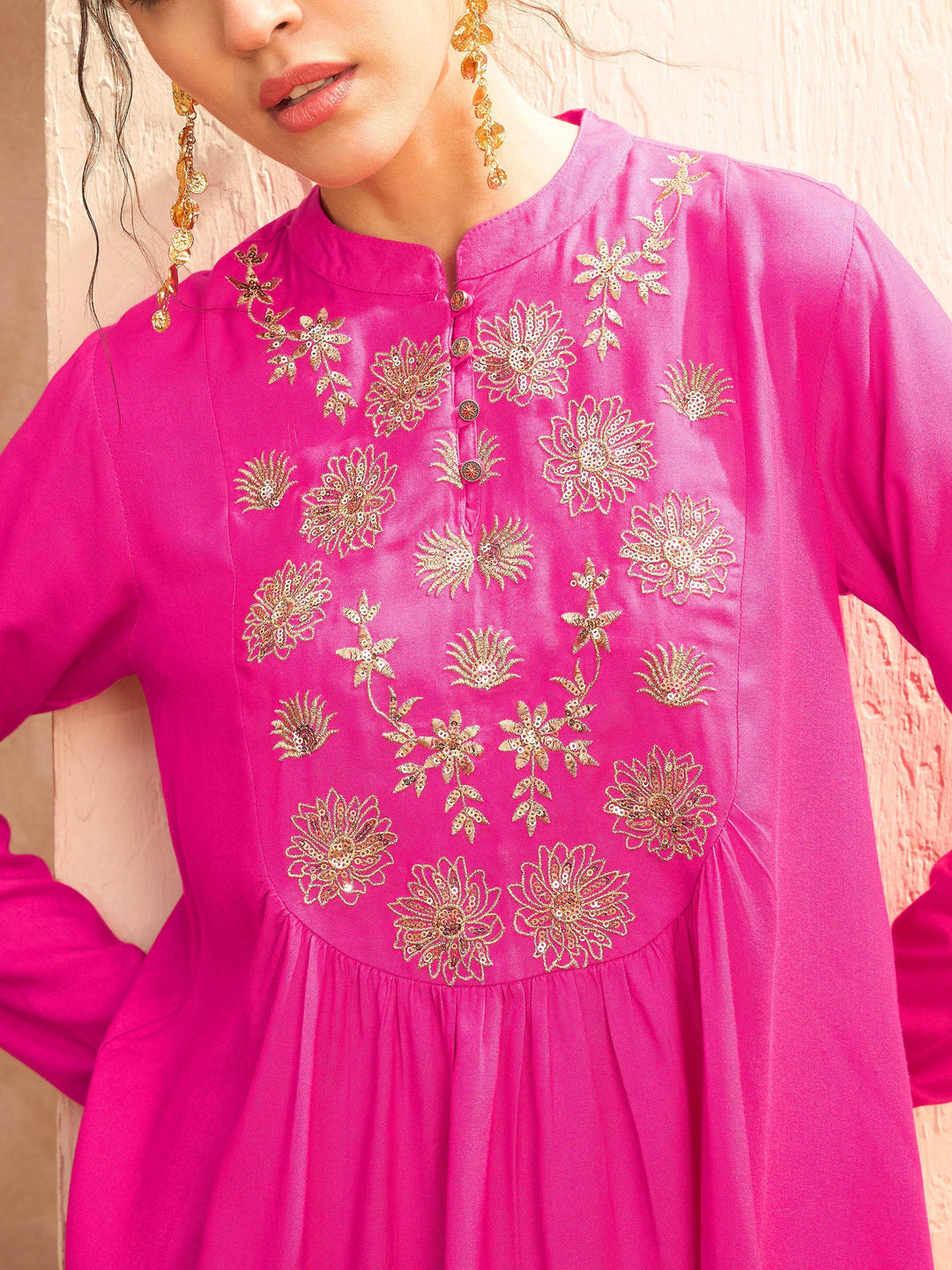 Fuchsia Embroidered Peplum Top With Dhoti Skirt-Shae by SASSAFRAS