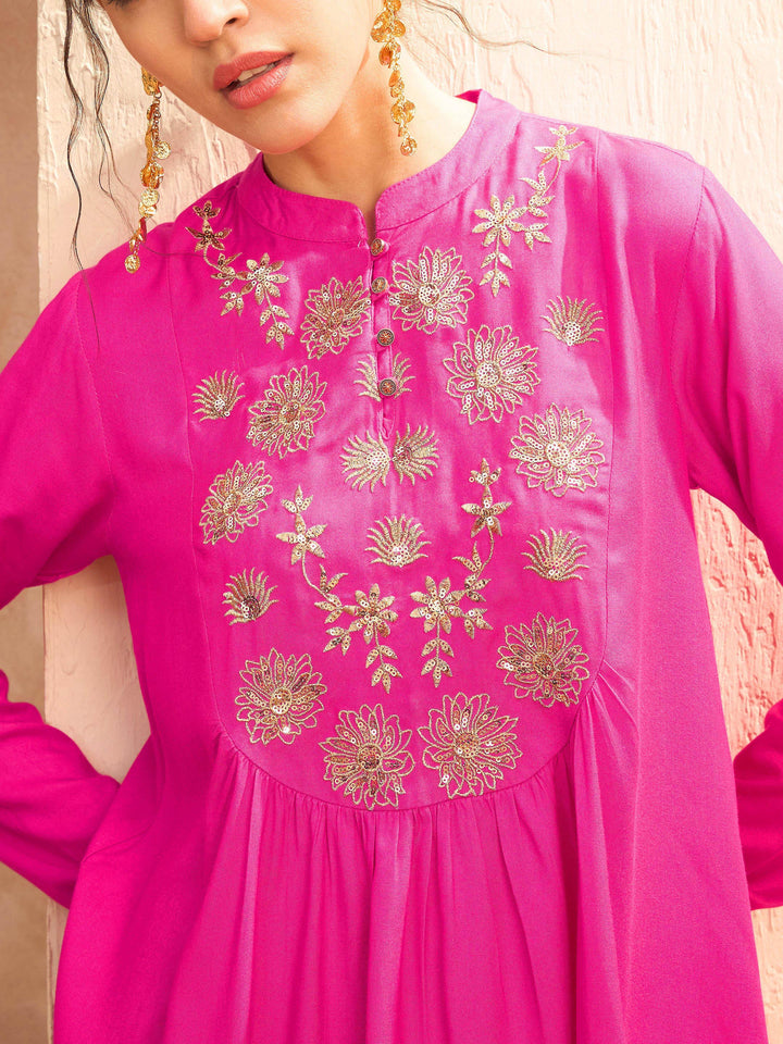 Fuchsia Embroidered Peplum Top With Dhoti Skirt-Shae by SASSAFRAS