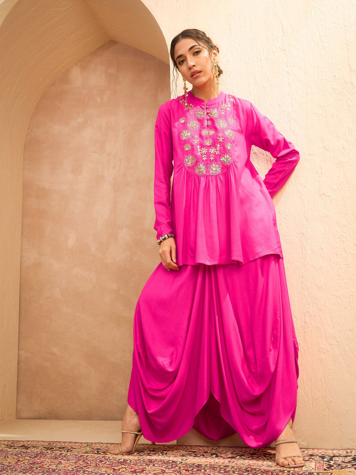Fuchsia Embroidered Peplum Top With Dhoti Skirt-Shae by SASSAFRAS