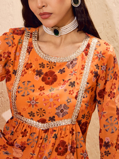 Orange Floral Short Kurta With Sharara Pants -Shae by SASSAFRAS