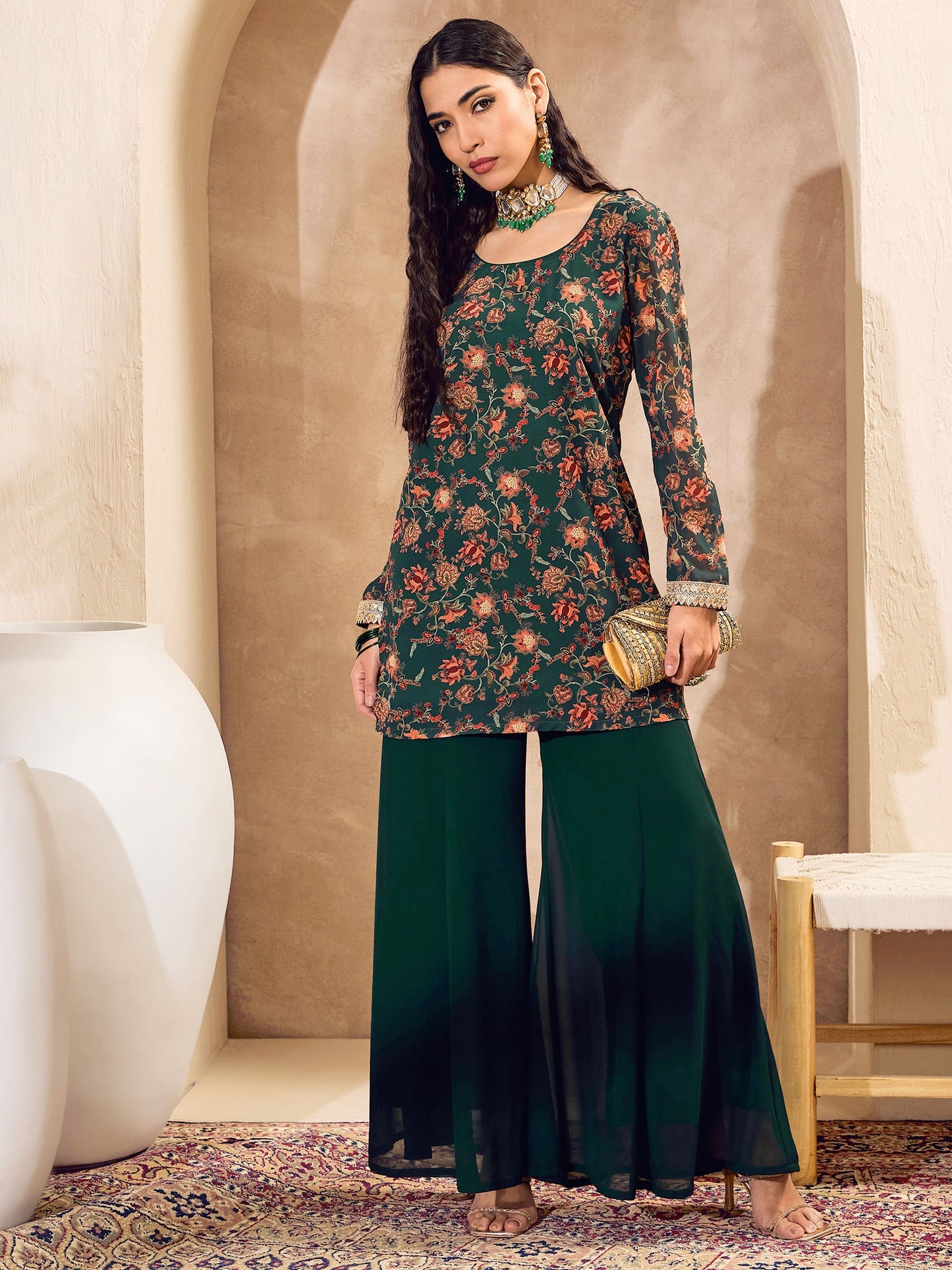 Green Floral Short Kurta With Palazzos
