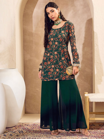 Green Floral Short Kurta With Palazzos