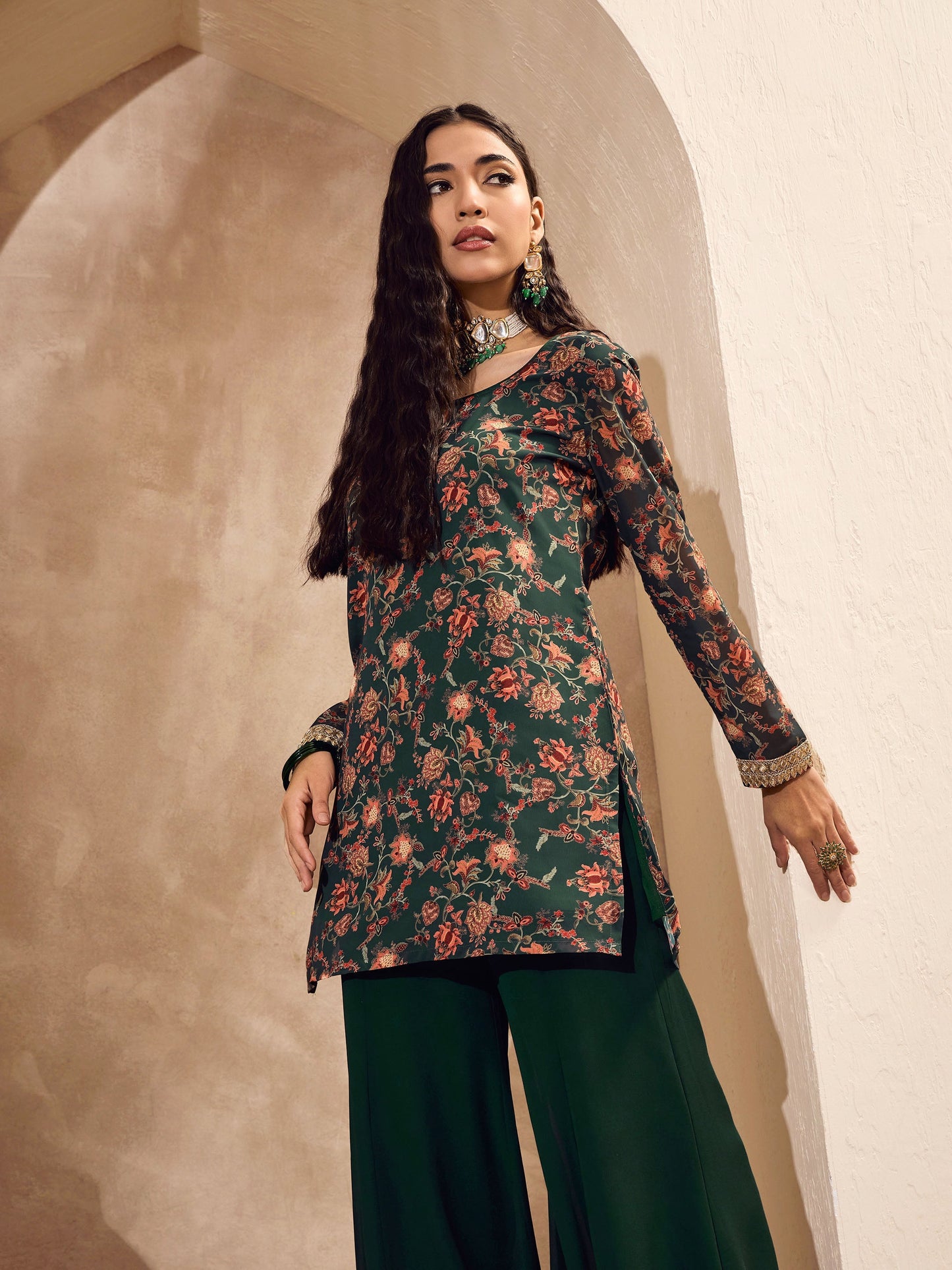 Green Floral Short Kurta With Palazzos