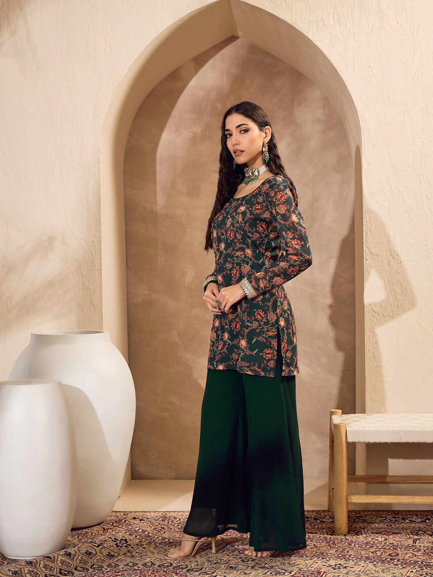 Green Floral Short Kurta With Palazzos