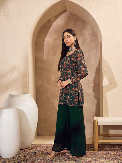 Green Floral Short Kurta With Palazzos