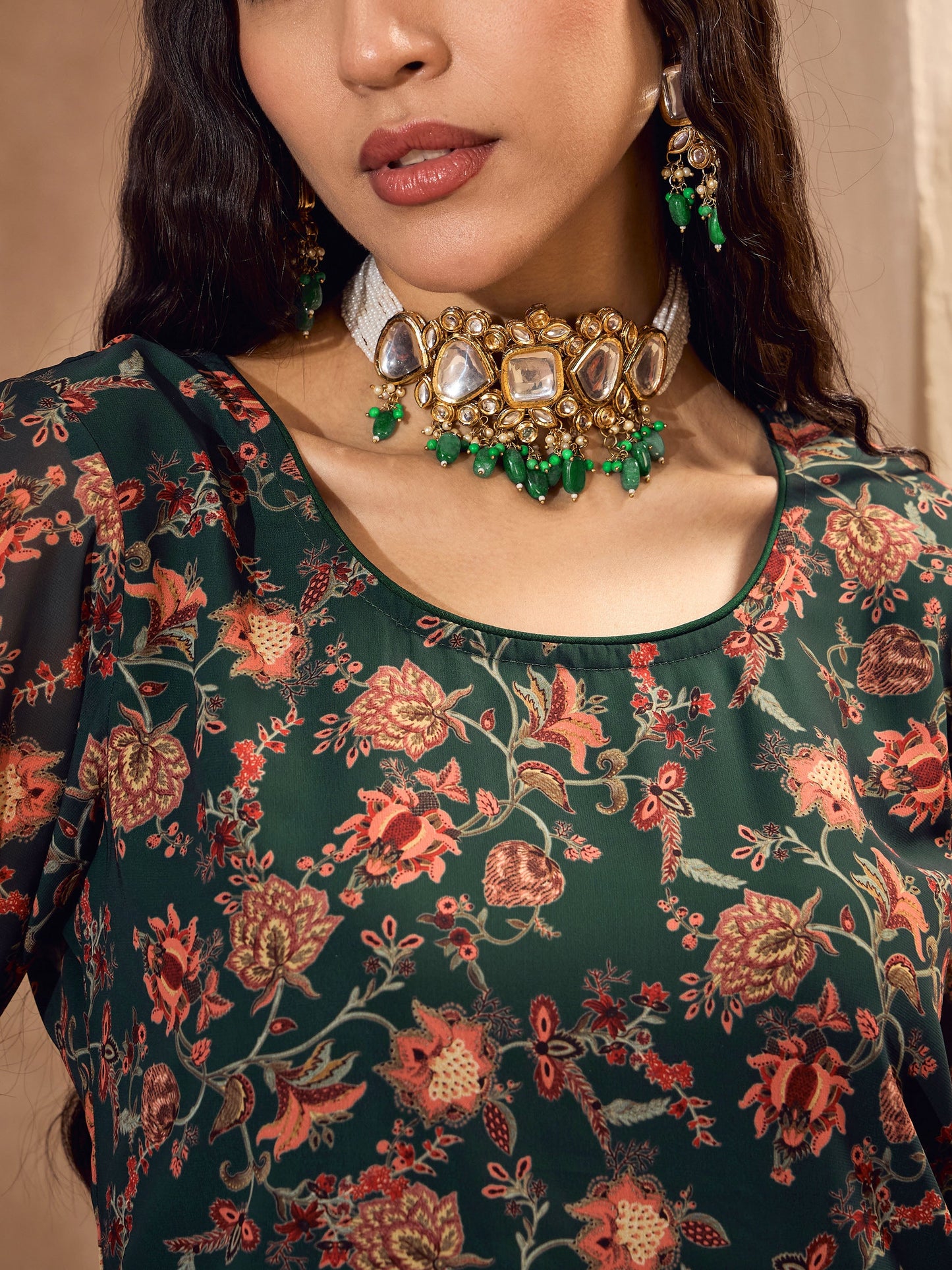 Green Floral Short Kurta With Palazzos
