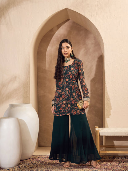Green Floral Short Kurta With Palazzos