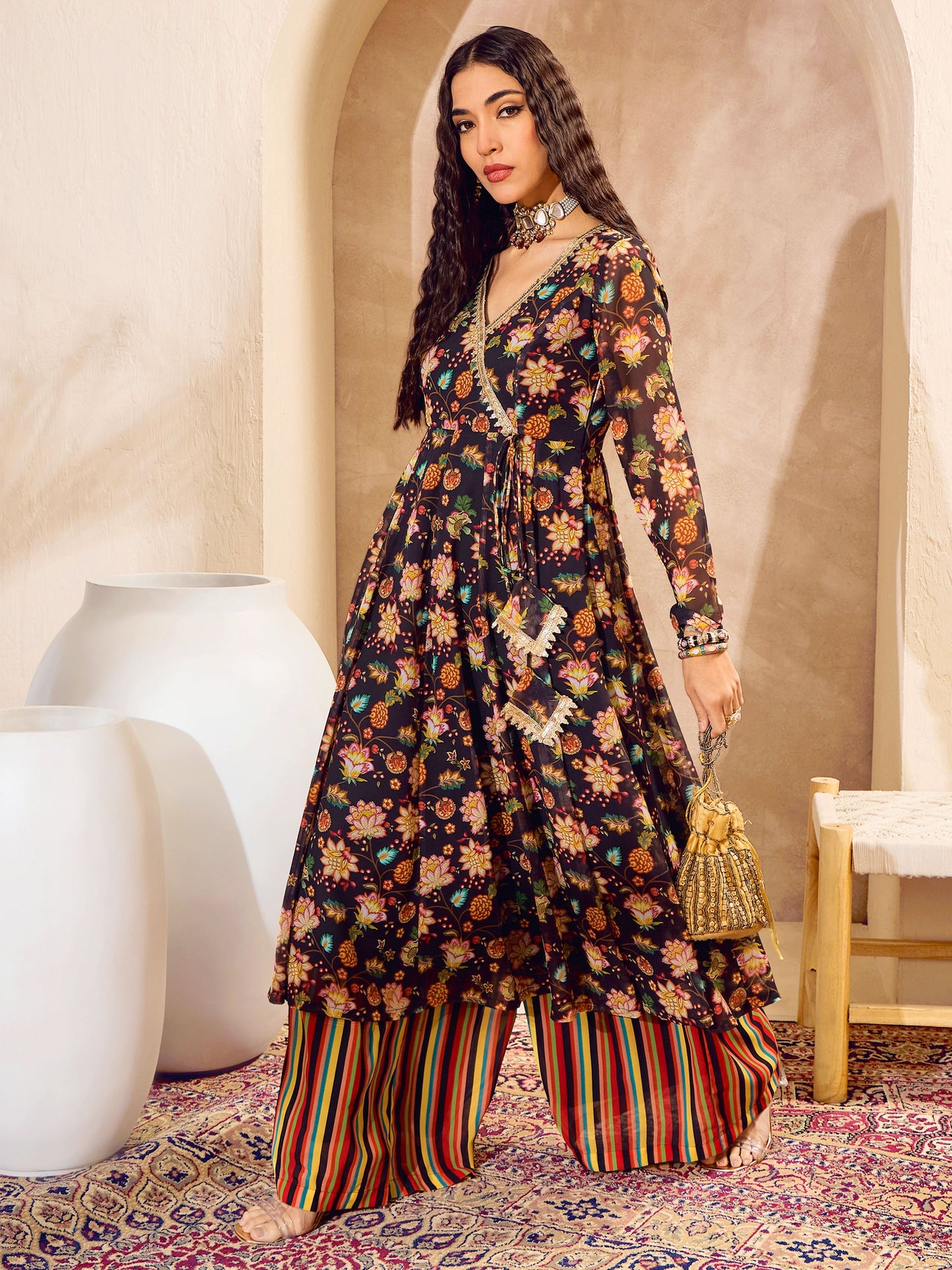 Women's Women Black Floral Wrap Anarkali Kurta With Palazzos in Georgette by Shae for wholesale, bulk, supplier, manufacturer and wholesaler buyers from Trendphoria
