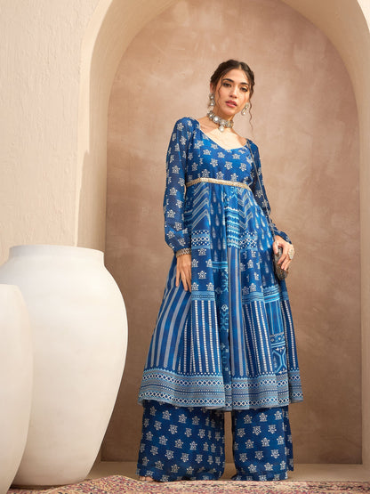 Blue Floral Sweetheart Neck Anarkali Kurta With Palazzos-Shae by SASSAFRAS