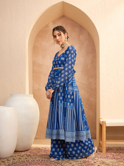 Blue Floral Sweetheart Neck Anarkali Kurta With Palazzos-Shae by SASSAFRAS