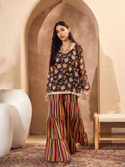 Black Floral Short Kurta With Tiered Sharara-Shae by SASSAFRAS